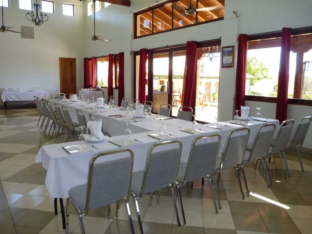 The meeting room set with long tables