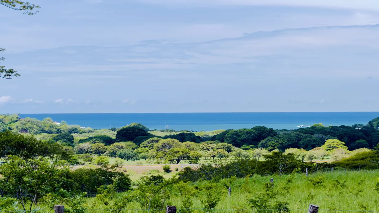 The Pacific beyond the green hills below the resort